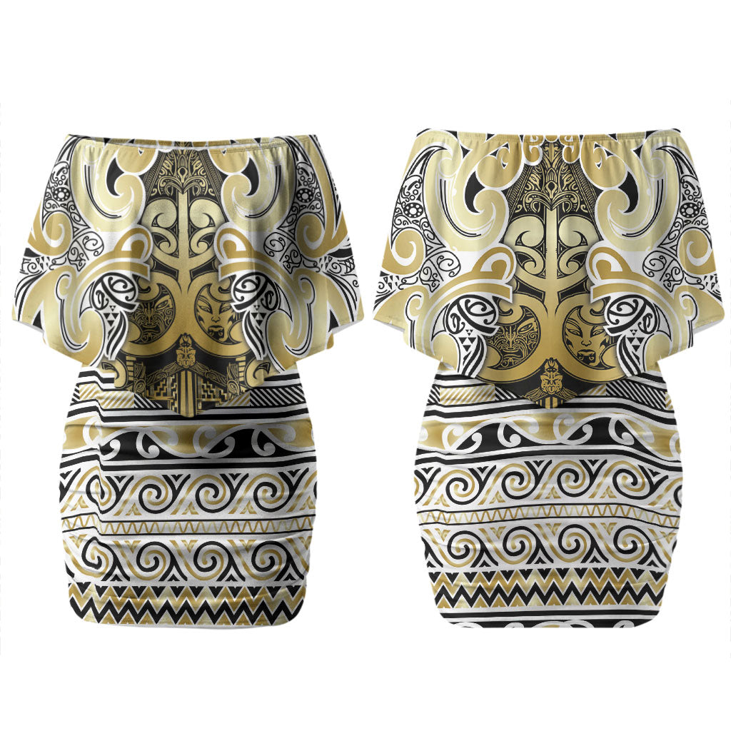 Aotearoa Iwi Ngati Whatua Couples Matching Off Shoulder Short Dress and Long Sleeve Button Shirt Maori Wharenui House Tribal Pattern