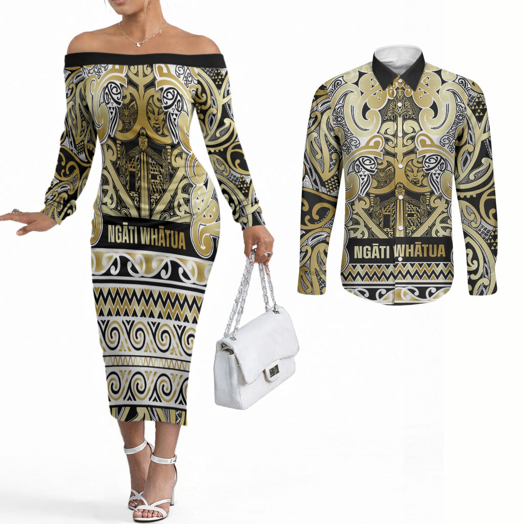 Aotearoa Iwi Ngati Whatua Couples Matching Off The Shoulder Long Sleeve Dress and Long Sleeve Button Shirt Maori Wharenui House Tribal Pattern LT9 Gold - Polynesian Pride