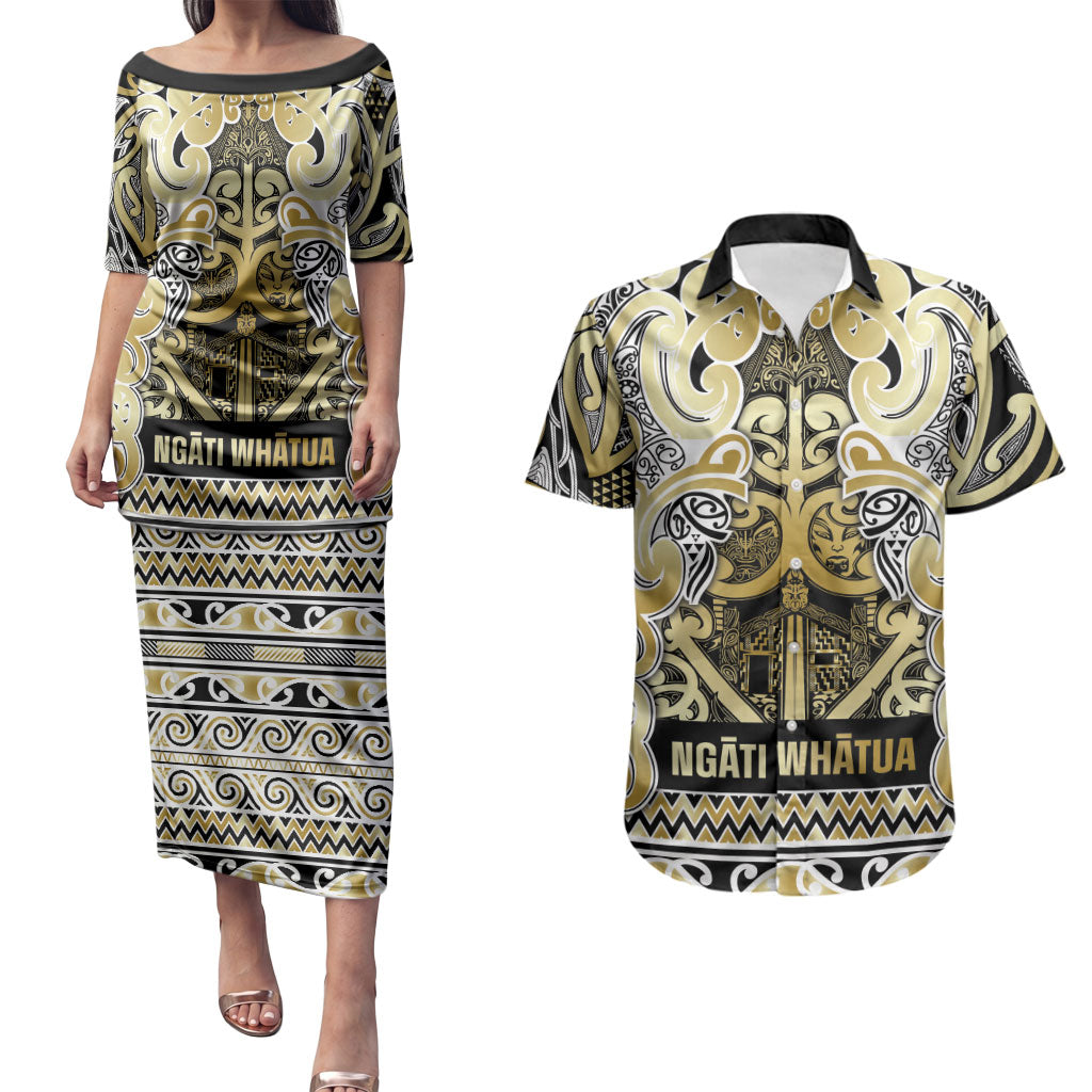 Aotearoa Iwi Ngati Whatua Couples Matching Puletasi and Hawaiian Shirt Maori Wharenui House Tribal Pattern