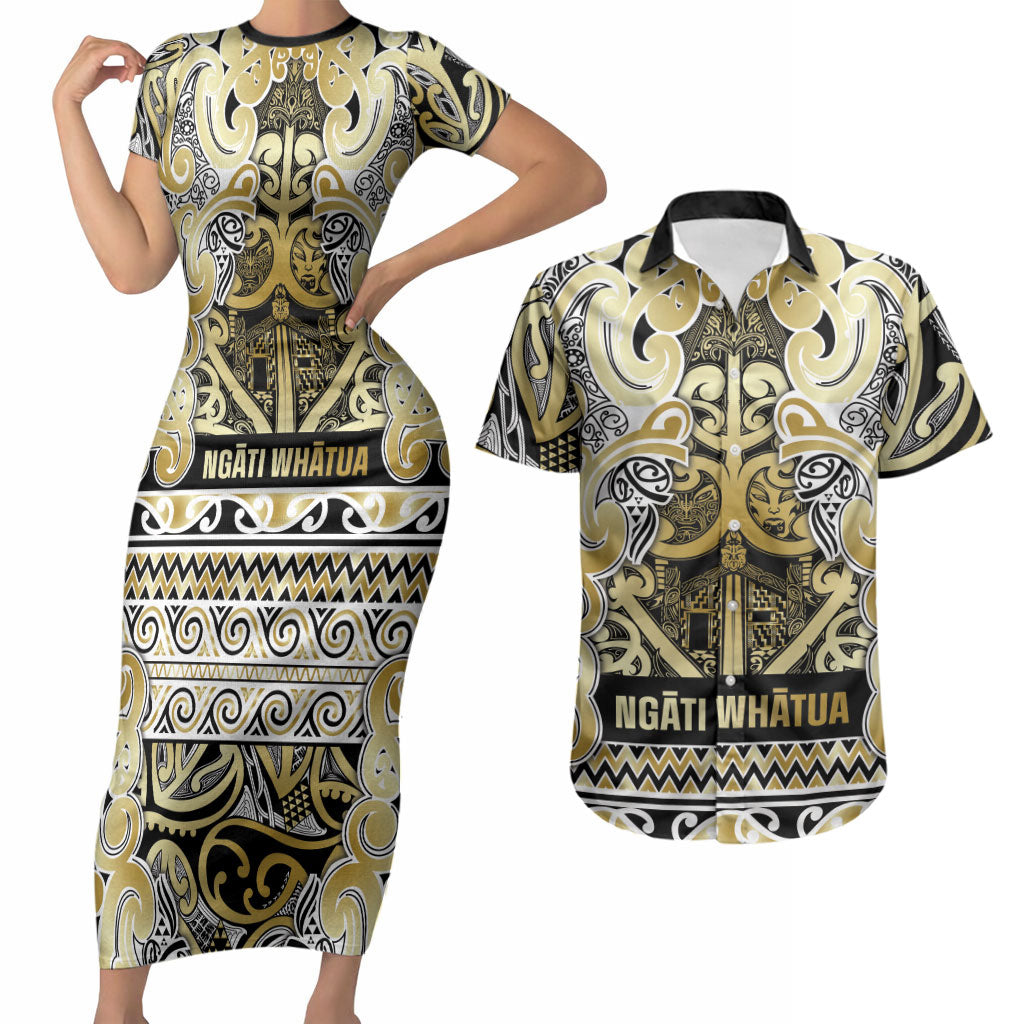Aotearoa Iwi Ngati Whatua Couples Matching Short Sleeve Bodycon Dress and Hawaiian Shirt Maori Wharenui House Tribal Pattern LT9 Gold - Polynesian Pride