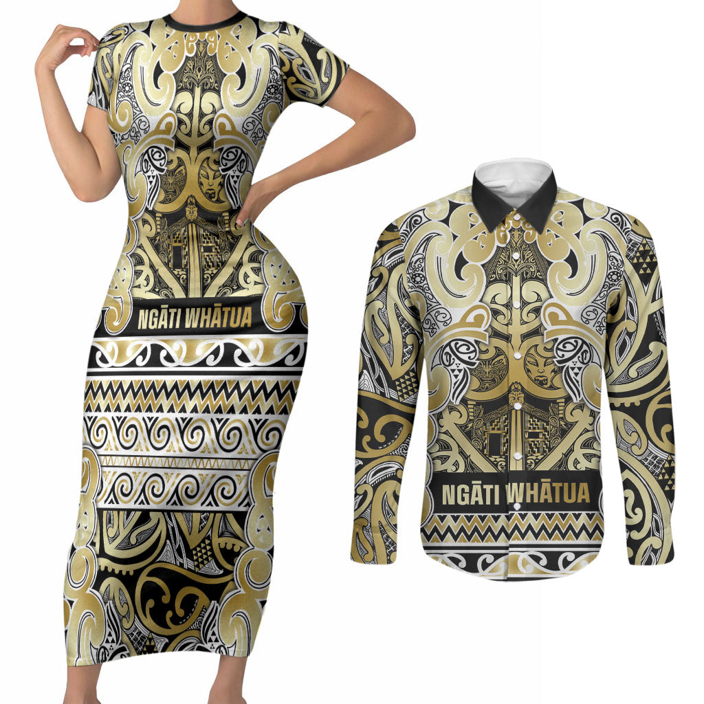 Aotearoa Iwi Ngati Whatua Couples Matching Short Sleeve Bodycon Dress and Long Sleeve Button Shirt Maori Wharenui House Tribal Pattern LT9 Gold - Polynesian Pride