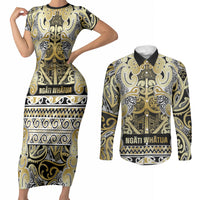 Aotearoa Iwi Ngati Whatua Couples Matching Short Sleeve Bodycon Dress and Long Sleeve Button Shirt Maori Wharenui House Tribal Pattern
