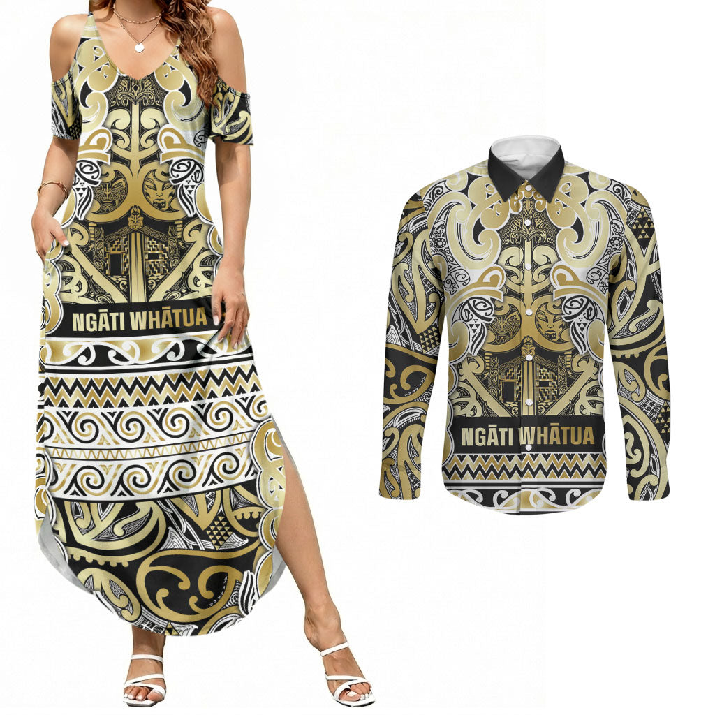 Aotearoa Iwi Ngati Whatua Couples Matching Summer Maxi Dress and Long Sleeve Button Shirt Maori Wharenui House Tribal Pattern LT9 Gold - Polynesian Pride