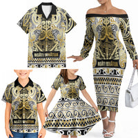 Aotearoa Iwi Ngati Whatua Family Matching Off The Shoulder Long Sleeve Dress and Hawaiian Shirt Maori Wharenui House Tribal Pattern