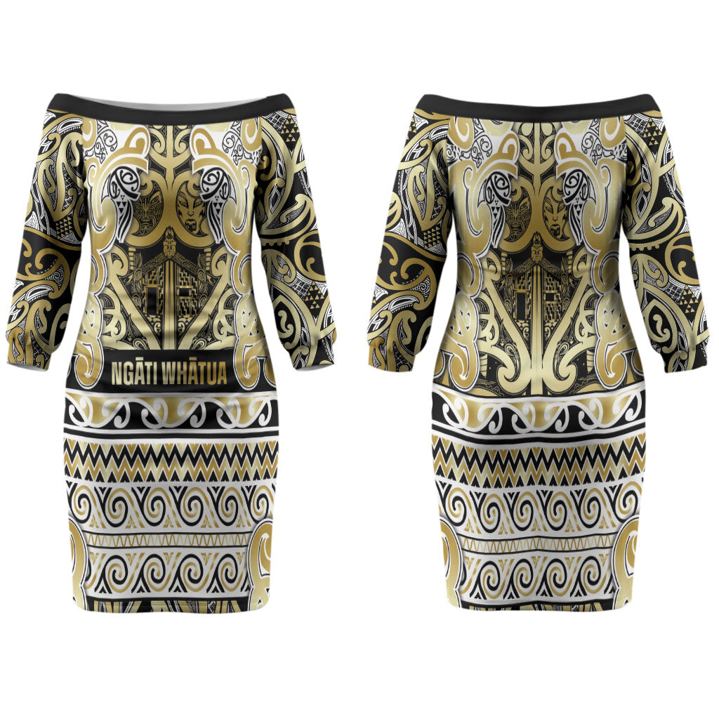 Aotearoa Iwi Ngati Whatua Family Matching Off The Shoulder Long Sleeve Dress and Hawaiian Shirt Maori Wharenui House Tribal Pattern