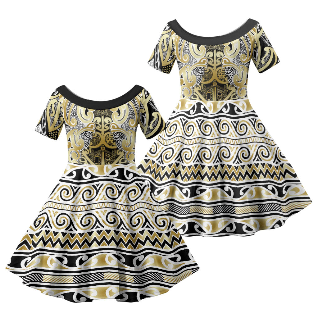 Aotearoa Iwi Ngati Whatua Family Matching Off The Shoulder Long Sleeve Dress and Hawaiian Shirt Maori Wharenui House Tribal Pattern