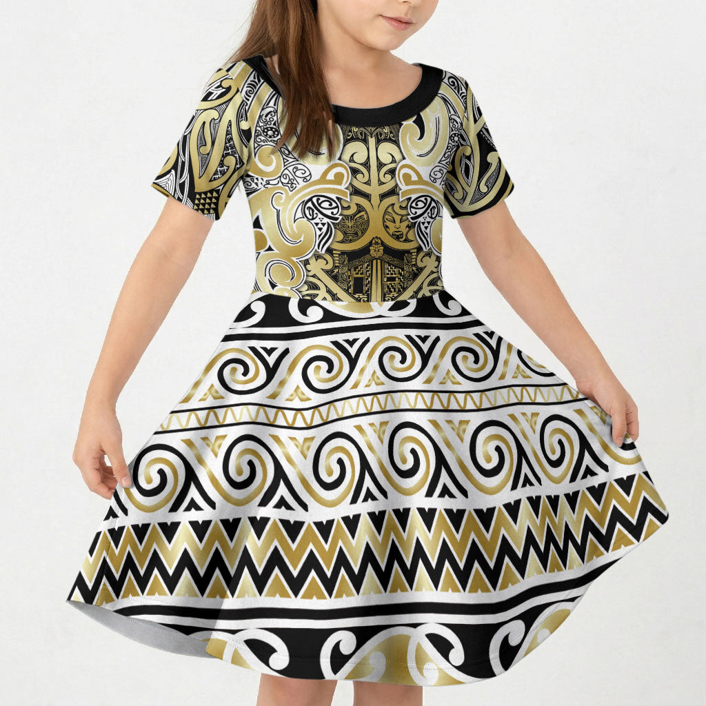 Aotearoa Iwi Ngati Whatua Kid Short Sleeve Dress Maori Wharenui House Tribal Pattern LT9 KID Gold - Polynesian Pride