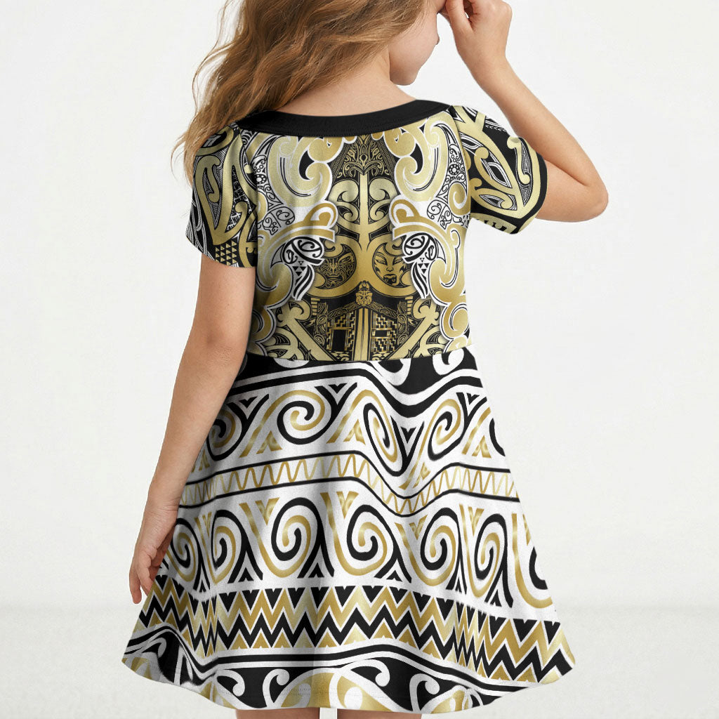 Aotearoa Iwi Ngati Whatua Kid Short Sleeve Dress Maori Wharenui House Tribal Pattern