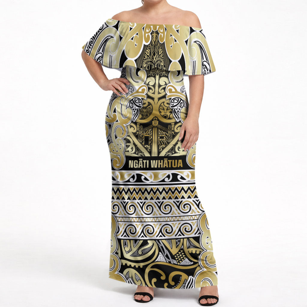 Aotearoa Iwi Ngati Whatua Off Shoulder Maxi Dress Maori Wharenui House Tribal Pattern LT9 Women Gold - Polynesian Pride