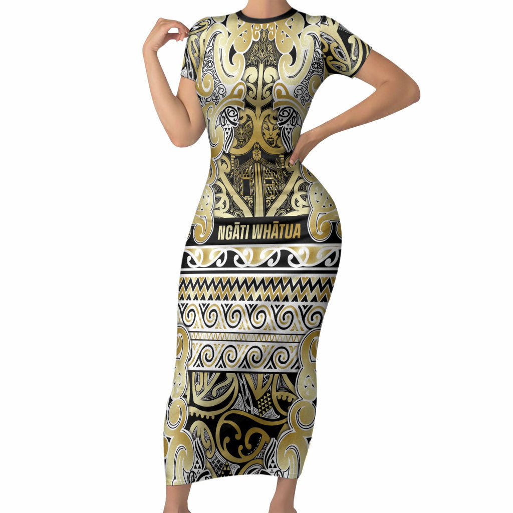 Aotearoa Iwi Ngati Whatua Short Sleeve Bodycon Dress Maori Wharenui House Tribal Pattern LT9 Long Dress Gold - Polynesian Pride