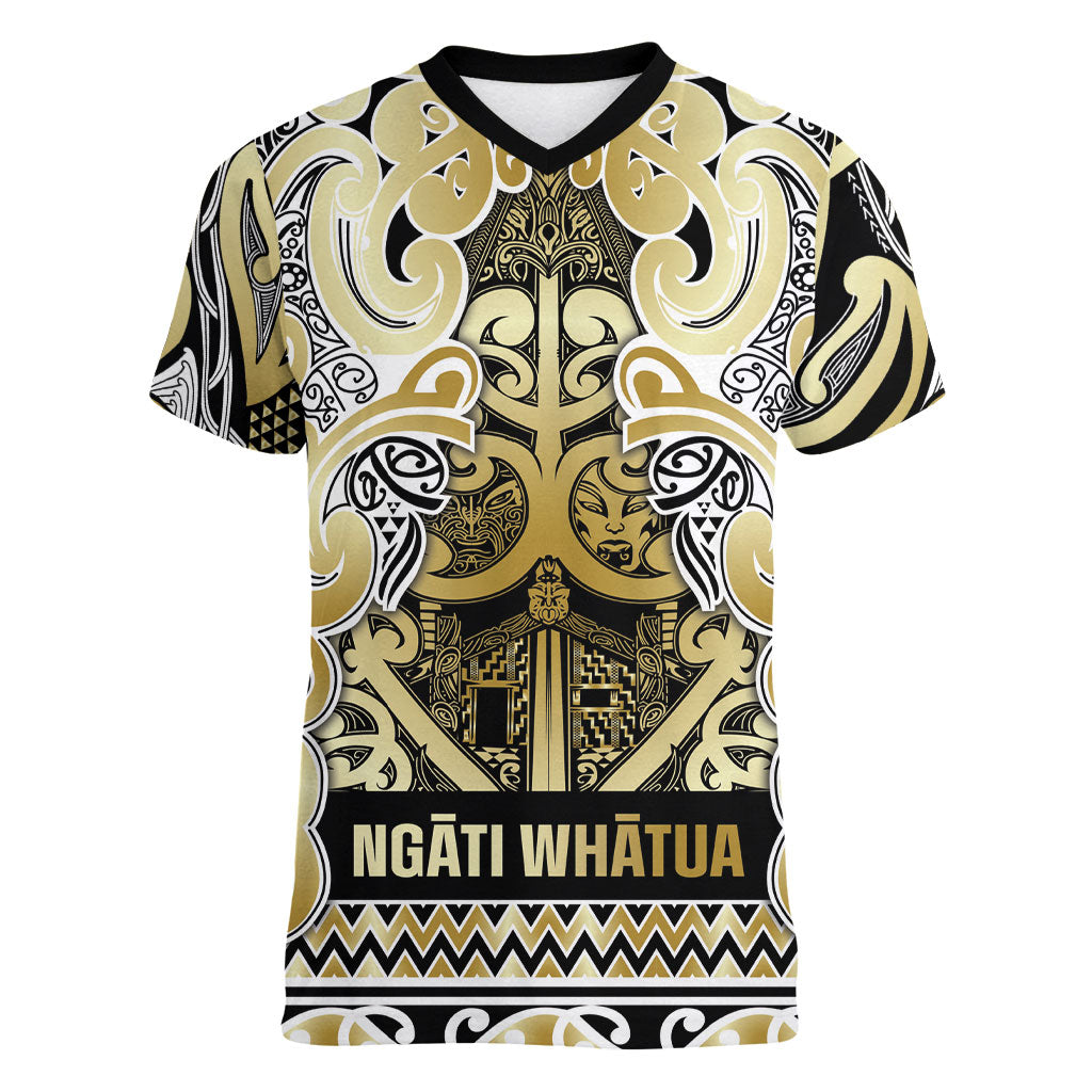 Aotearoa Iwi Ngati Whatua Women V-Neck T-Shirt Maori Wharenui House Tribal Pattern LT9 Female Gold - Polynesian Pride