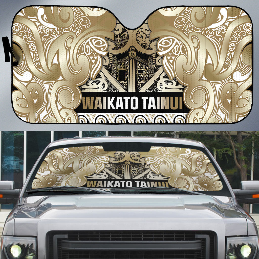 Aotearoa Iwi Waikato Tainui Auto Sun Shade Maori Wharenui House Tribal Pattern LT9 Light Gold - Polynesian Pride