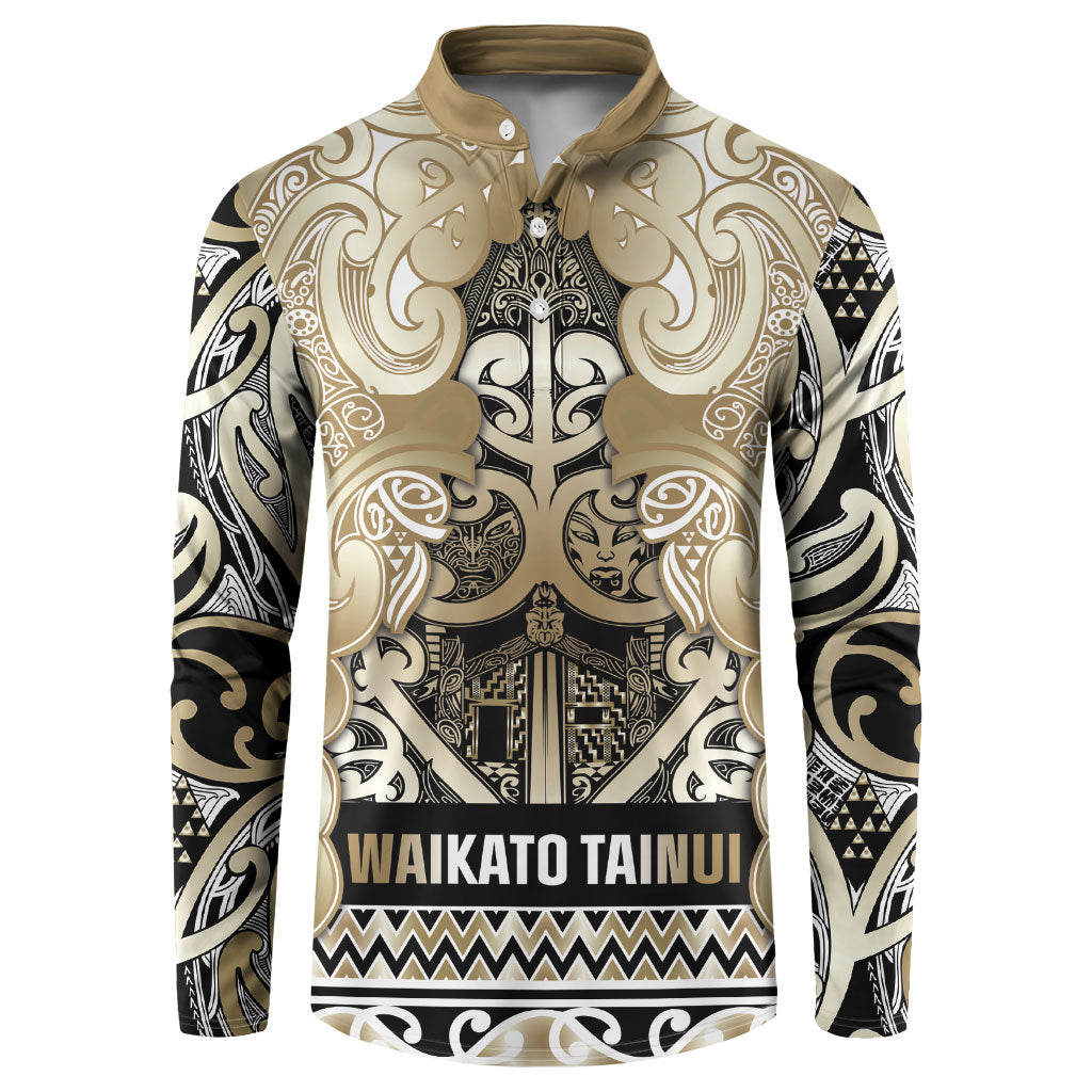 Aotearoa Iwi Waikato Tainui Button Sweatshirt Maori Wharenui House Tribal Pattern LT9 Light Gold - Polynesian Pride