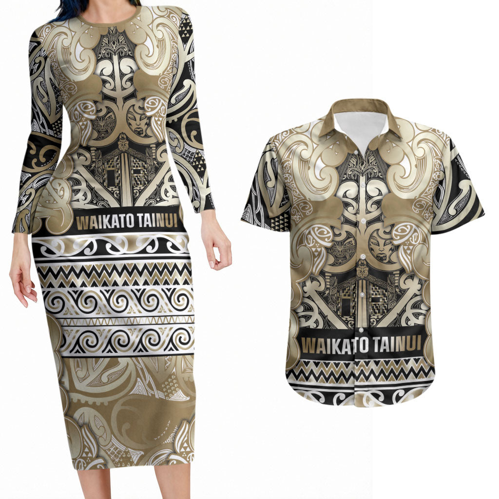 Aotearoa Iwi Waikato Tainui Couples Matching Long Sleeve Bodycon Dress and Hawaiian Shirt Maori Wharenui House Tribal Pattern