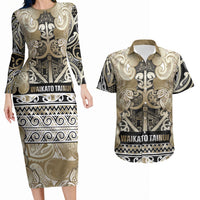 Aotearoa Iwi Waikato Tainui Couples Matching Long Sleeve Bodycon Dress and Hawaiian Shirt Maori Wharenui House Tribal Pattern