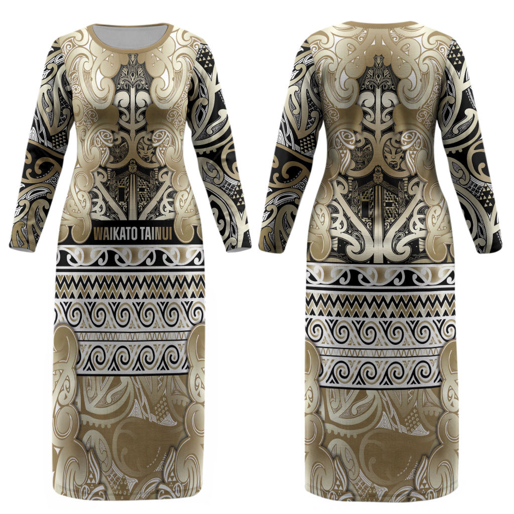Aotearoa Iwi Waikato Tainui Couples Matching Long Sleeve Bodycon Dress and Hawaiian Shirt Maori Wharenui House Tribal Pattern