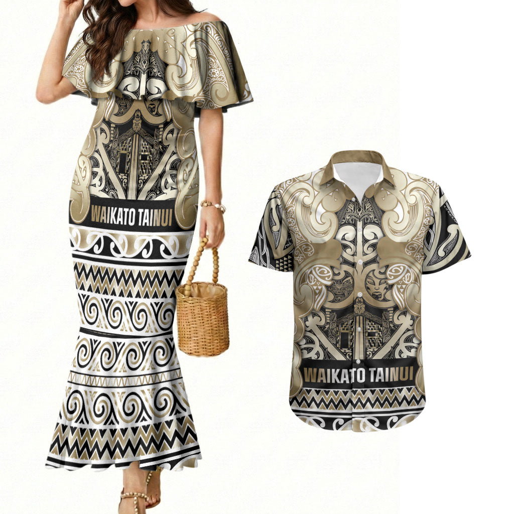 Aotearoa Iwi Waikato Tainui Couples Matching Mermaid Dress and Hawaiian Shirt Maori Wharenui House Tribal Pattern