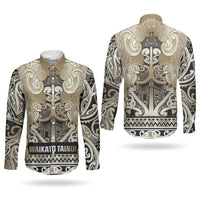 Aotearoa Iwi Waikato Tainui Couples Matching Mermaid Dress and Long Sleeve Button Shirt Maori Wharenui House Tribal Pattern