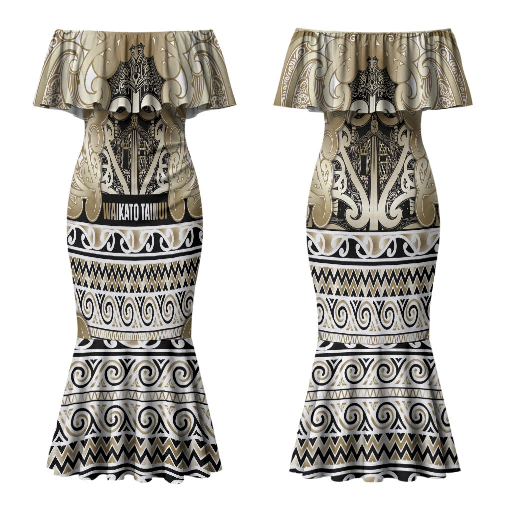 Aotearoa Iwi Waikato Tainui Couples Matching Mermaid Dress and Long Sleeve Button Shirt Maori Wharenui House Tribal Pattern