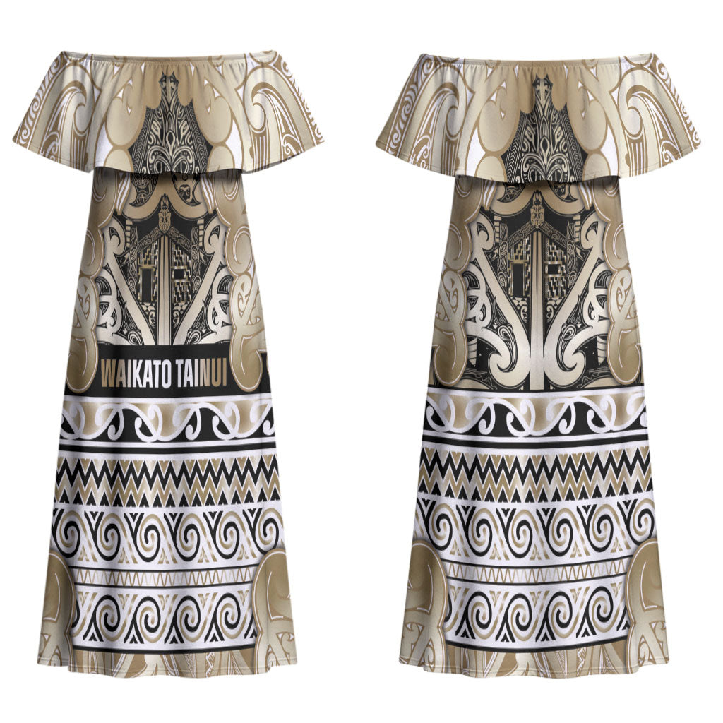 Aotearoa Iwi Waikato Tainui Couples Matching Off Shoulder Maxi Dress and Hawaiian Shirt Maori Wharenui House Tribal Pattern