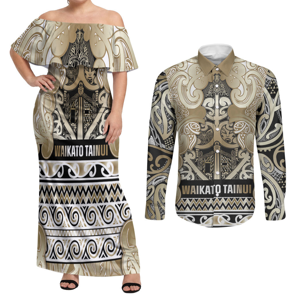 Aotearoa Iwi Waikato Tainui Couples Matching Off Shoulder Maxi Dress and Long Sleeve Button Shirt Maori Wharenui House Tribal Pattern LT9 Light Gold - Polynesian Pride