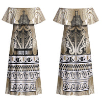 Aotearoa Iwi Waikato Tainui Couples Matching Off Shoulder Maxi Dress and Long Sleeve Button Shirt Maori Wharenui House Tribal Pattern