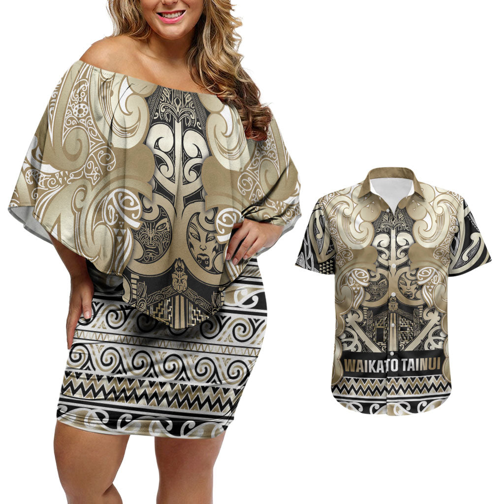 Aotearoa Iwi Waikato Tainui Couples Matching Off Shoulder Short Dress and Hawaiian Shirt Maori Wharenui House Tribal Pattern LT9 Light Gold - Polynesian Pride