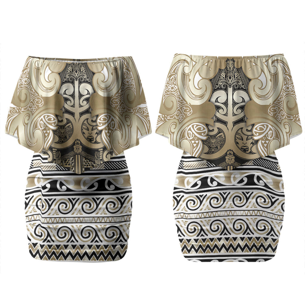 Aotearoa Iwi Waikato Tainui Couples Matching Off Shoulder Short Dress and Hawaiian Shirt Maori Wharenui House Tribal Pattern