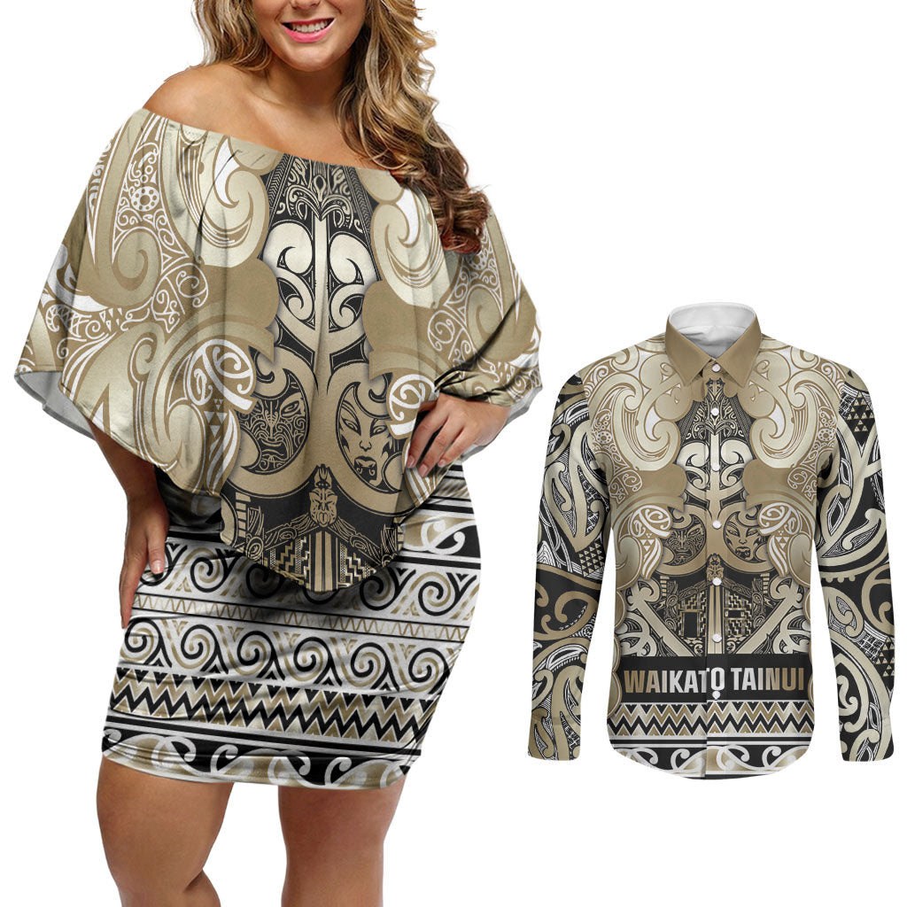Aotearoa Iwi Waikato Tainui Couples Matching Off Shoulder Short Dress and Long Sleeve Button Shirt Maori Wharenui House Tribal Pattern LT9 Light Gold - Polynesian Pride