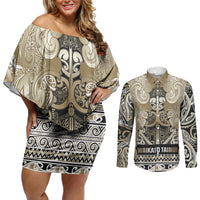 Aotearoa Iwi Waikato Tainui Couples Matching Off Shoulder Short Dress and Long Sleeve Button Shirt Maori Wharenui House Tribal Pattern
