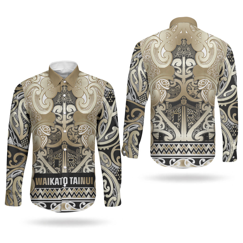 Aotearoa Iwi Waikato Tainui Couples Matching Off Shoulder Short Dress and Long Sleeve Button Shirt Maori Wharenui House Tribal Pattern