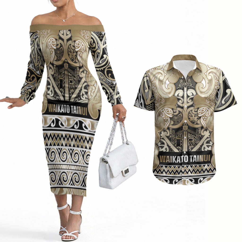Aotearoa Iwi Waikato Tainui Couples Matching Off The Shoulder Long Sleeve Dress and Hawaiian Shirt Maori Wharenui House Tribal Pattern LT9 Light Gold - Polynesian Pride