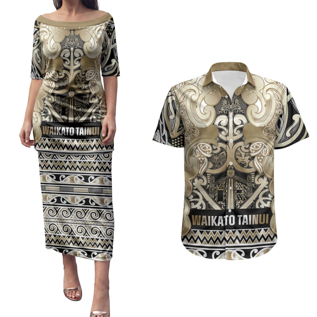 Aotearoa Iwi Waikato Tainui Couples Matching Puletasi and Hawaiian Shirt Maori Wharenui House Tribal Pattern