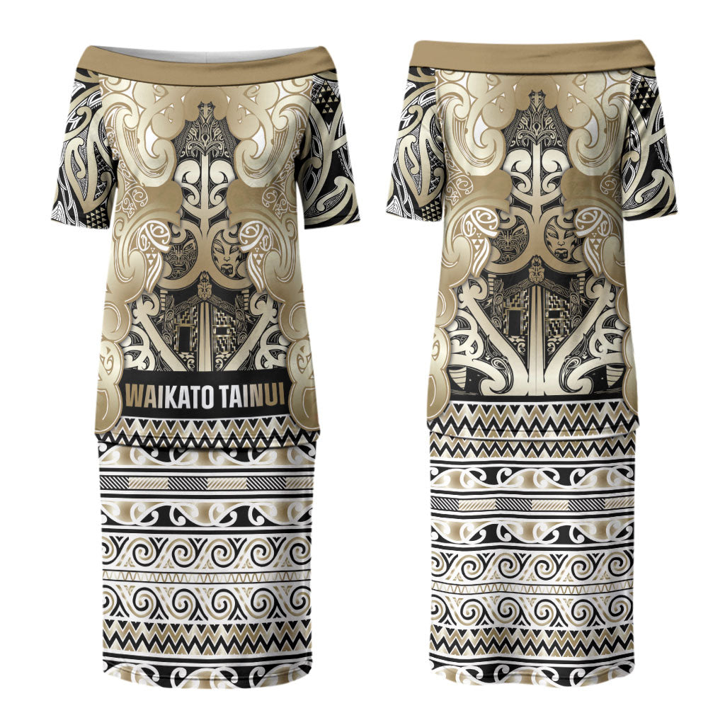 Aotearoa Iwi Waikato Tainui Couples Matching Puletasi and Long Sleeve Button Shirt Maori Wharenui House Tribal Pattern