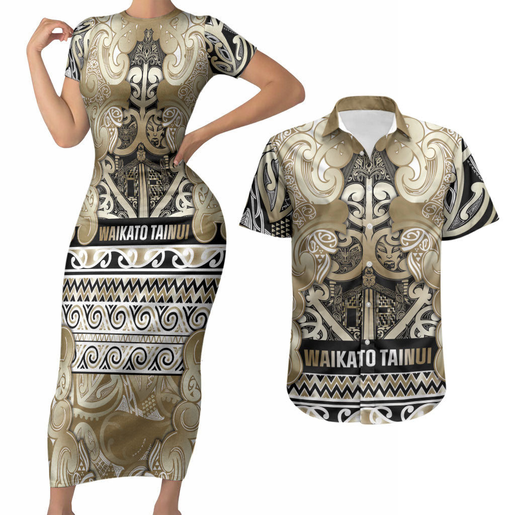 Aotearoa Iwi Waikato Tainui Couples Matching Short Sleeve Bodycon Dress and Hawaiian Shirt Maori Wharenui House Tribal Pattern LT9 Light Gold - Polynesian Pride