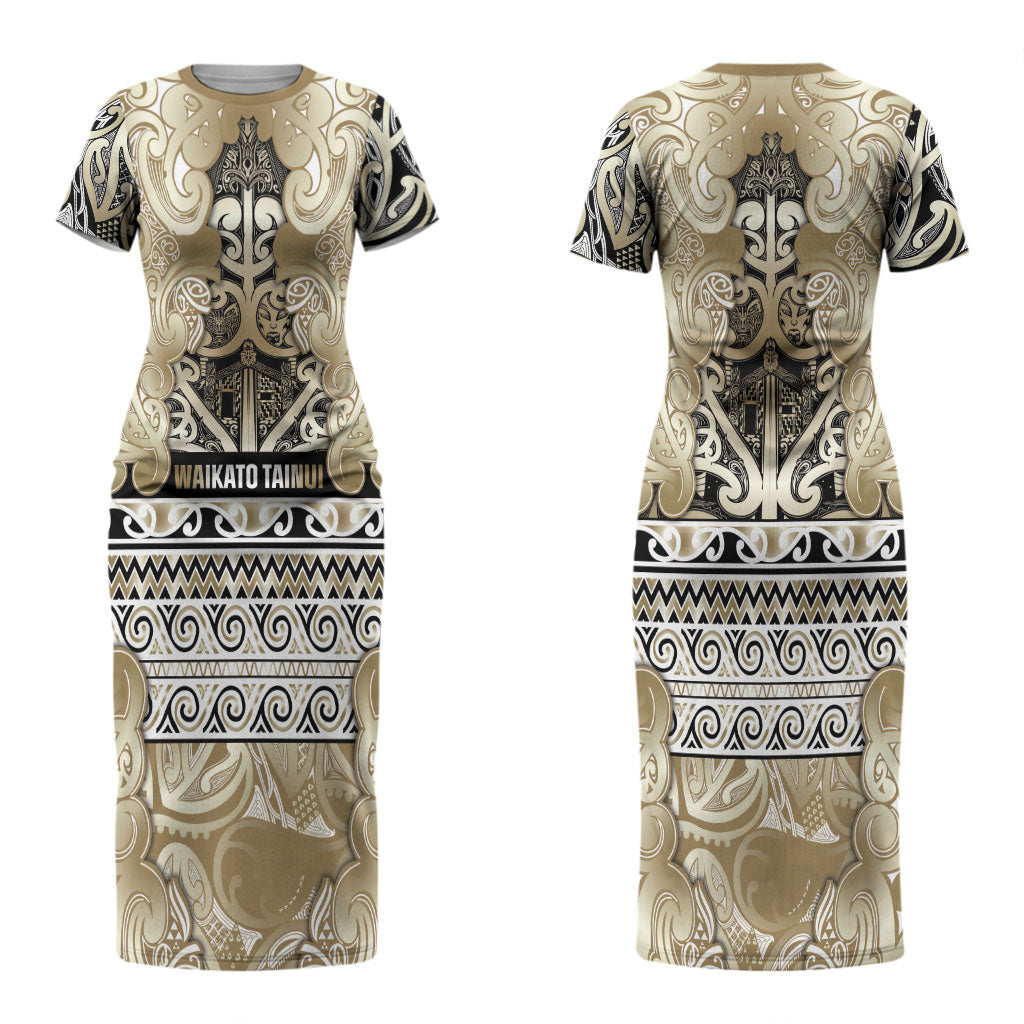 Aotearoa Iwi Waikato Tainui Couples Matching Short Sleeve Bodycon Dress and Hawaiian Shirt Maori Wharenui House Tribal Pattern