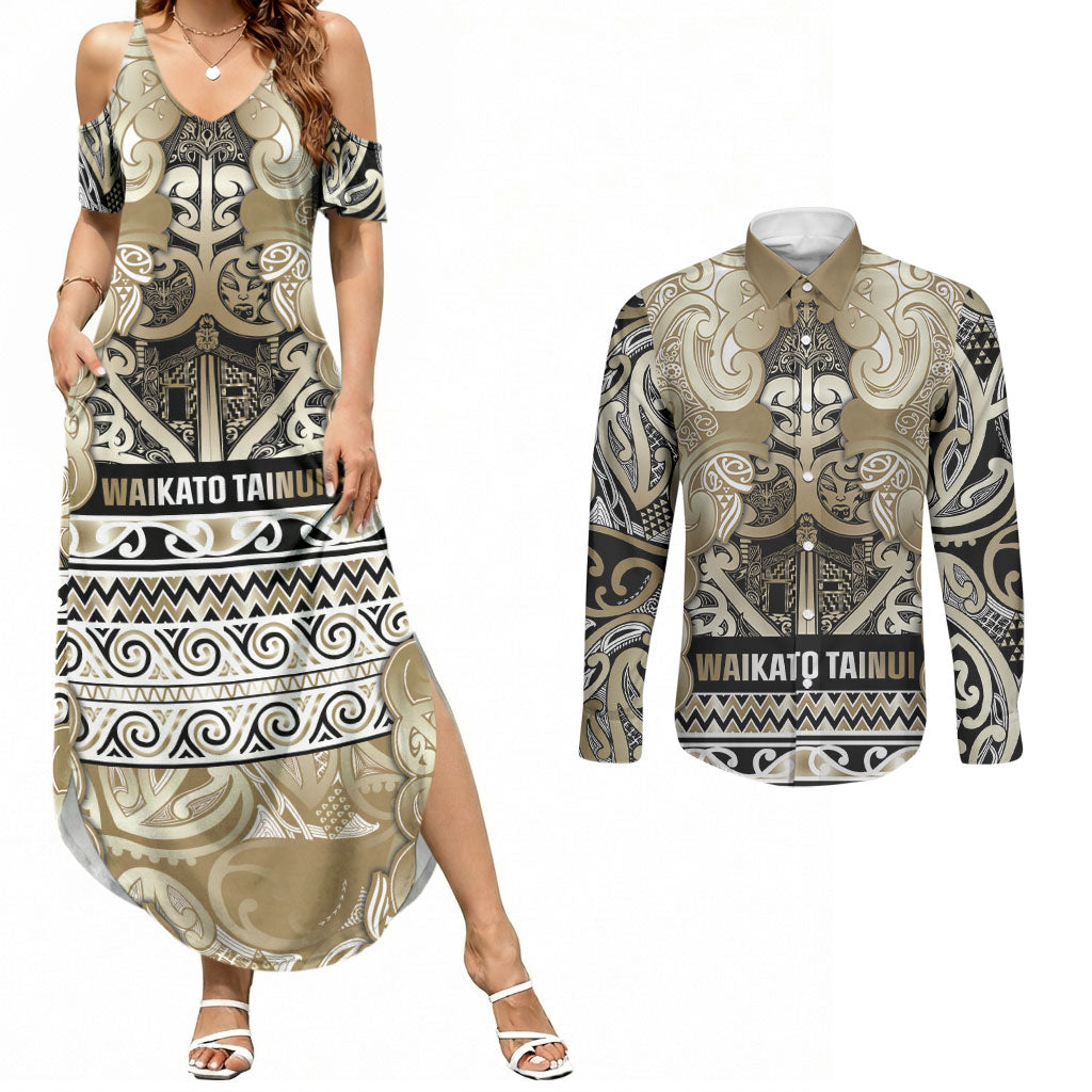 Aotearoa Iwi Waikato Tainui Couples Matching Summer Maxi Dress and Long Sleeve Button Shirt Maori Wharenui House Tribal Pattern