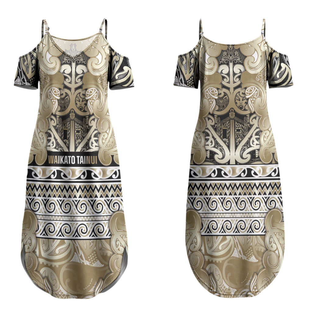 Aotearoa Iwi Waikato Tainui Couples Matching Summer Maxi Dress and Long Sleeve Button Shirt Maori Wharenui House Tribal Pattern