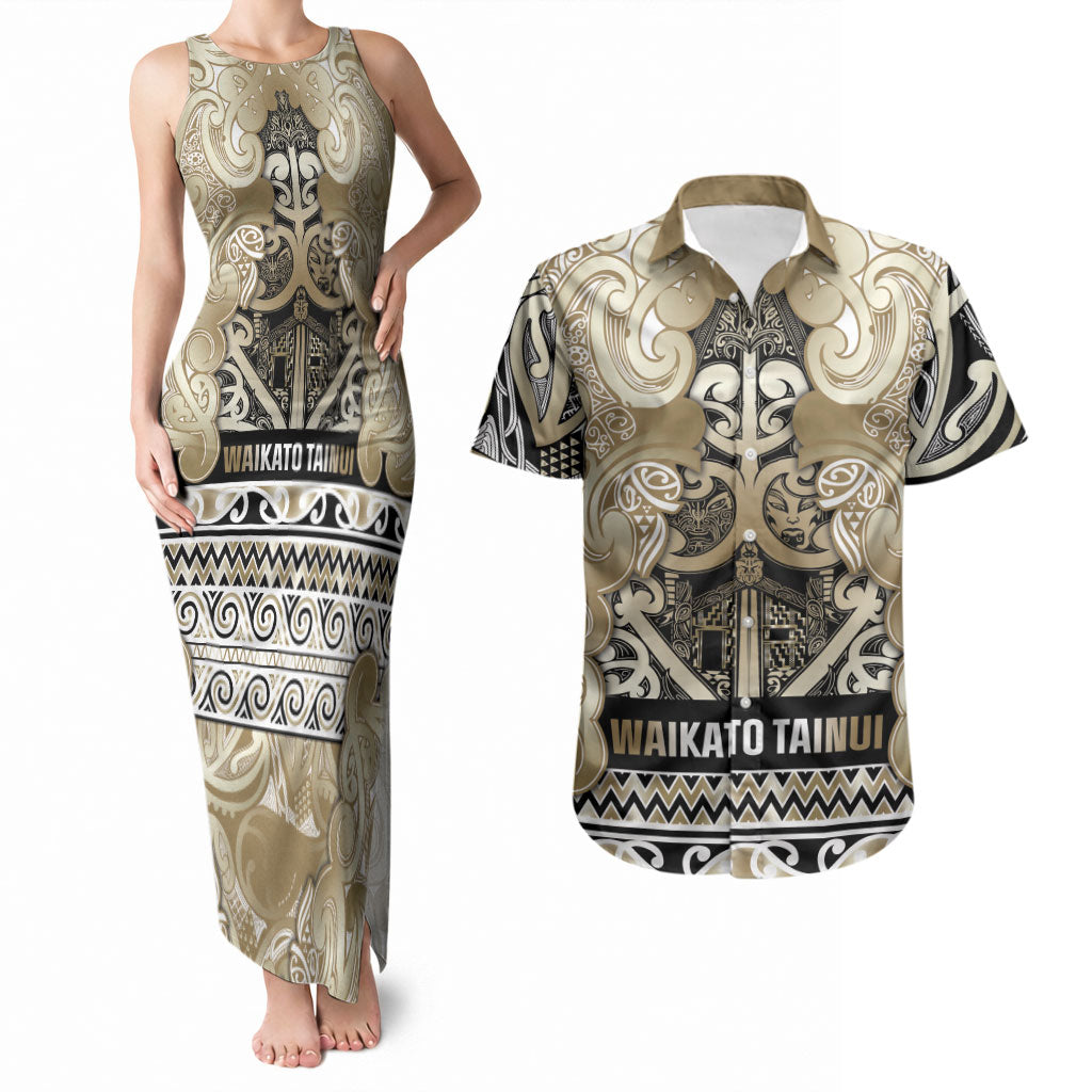 Aotearoa Iwi Waikato Tainui Couples Matching Tank Maxi Dress and Hawaiian Shirt Maori Wharenui House Tribal Pattern