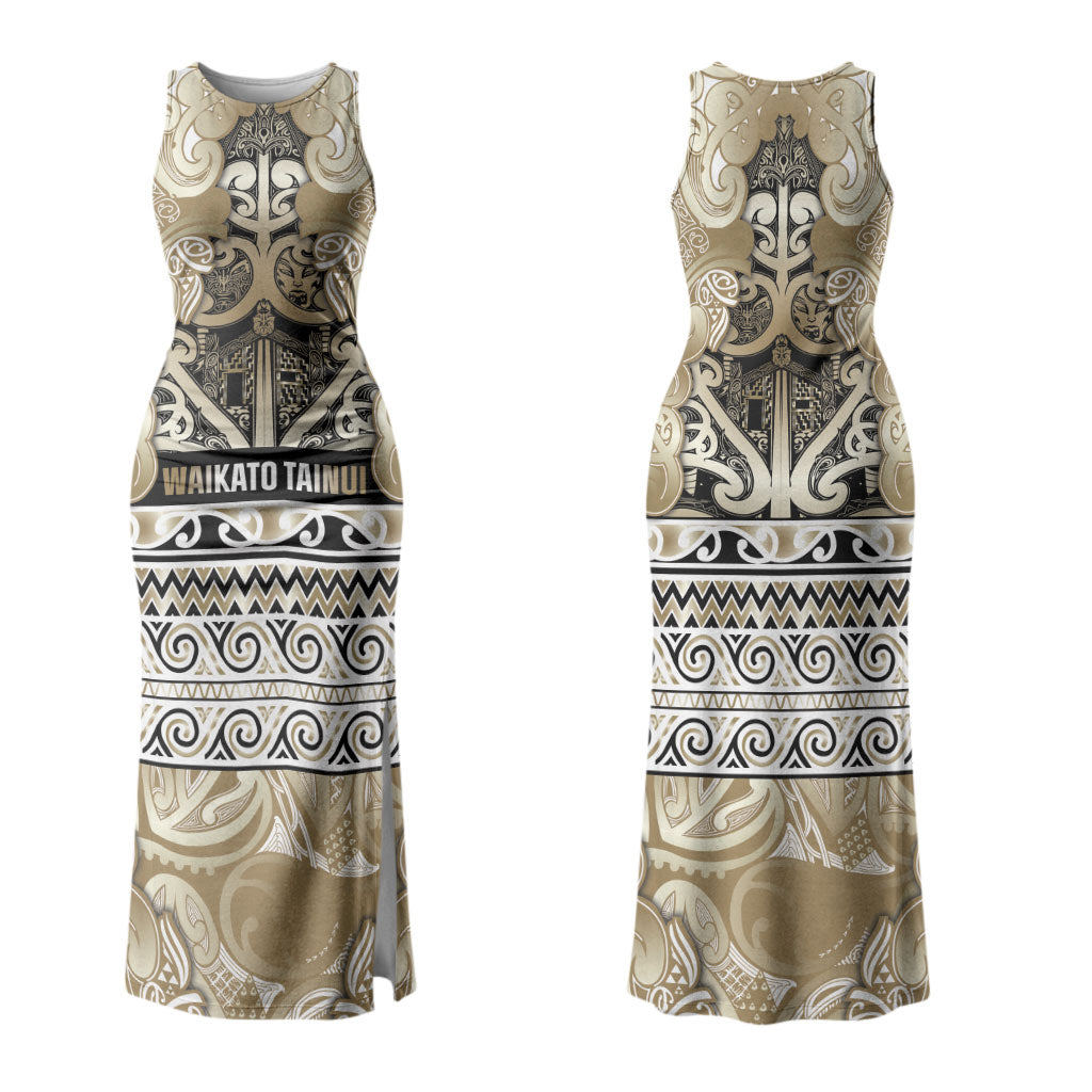 Aotearoa Iwi Waikato Tainui Couples Matching Tank Maxi Dress and Long Sleeve Button Shirt Maori Wharenui House Tribal Pattern