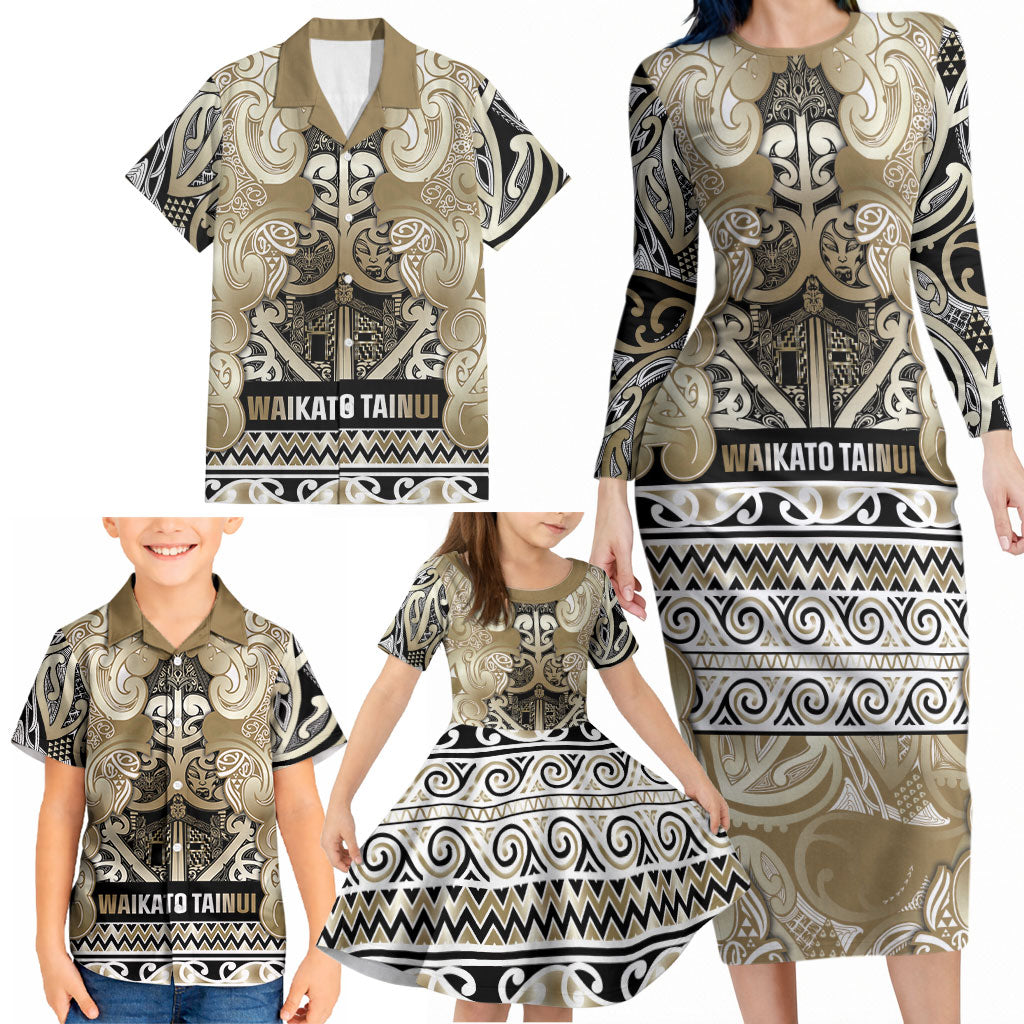 Aotearoa Iwi Waikato Tainui Family Matching Long Sleeve Bodycon Dress and Hawaiian Shirt Maori Wharenui House Tribal Pattern LT9 - Polynesian Pride
