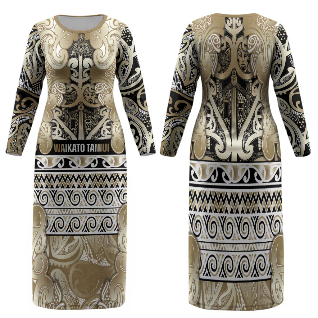 Aotearoa Iwi Waikato Tainui Family Matching Long Sleeve Bodycon Dress and Hawaiian Shirt Maori Wharenui House Tribal Pattern