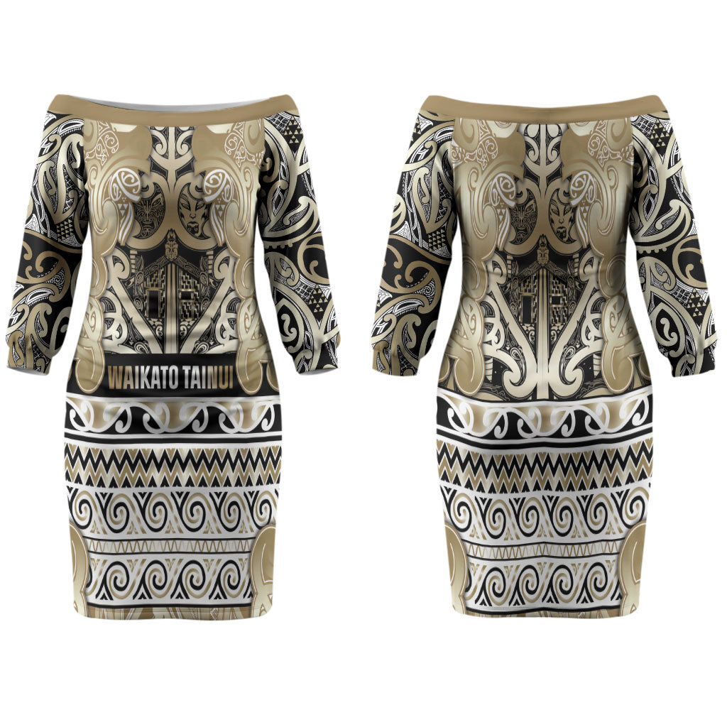 Aotearoa Iwi Waikato Tainui Family Matching Off The Shoulder Long Sleeve Dress and Hawaiian Shirt Maori Wharenui House Tribal Pattern