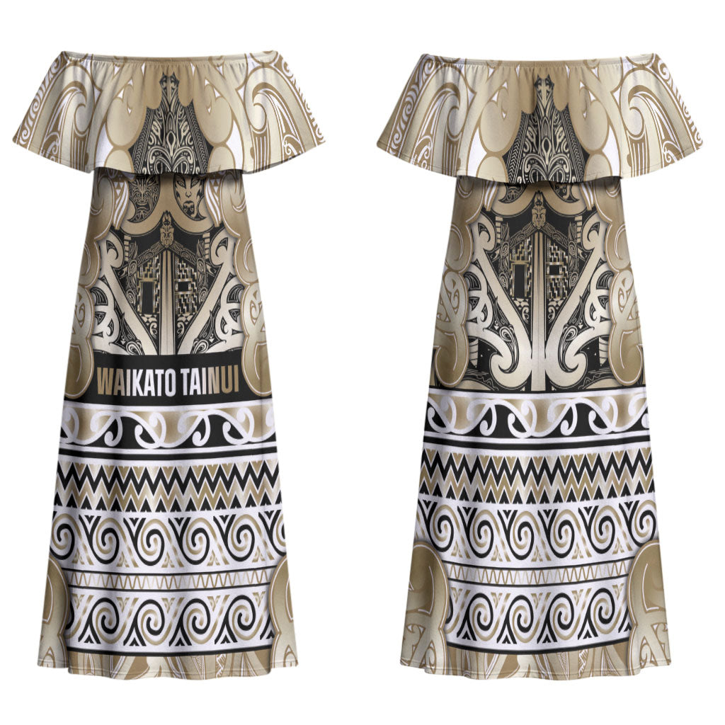 Aotearoa Iwi Waikato Tainui Family Matching Off Shoulder Maxi Dress and Hawaiian Shirt Maori Wharenui House Tribal Pattern