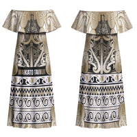 Aotearoa Iwi Waikato Tainui Family Matching Off Shoulder Maxi Dress and Hawaiian Shirt Maori Wharenui House Tribal Pattern