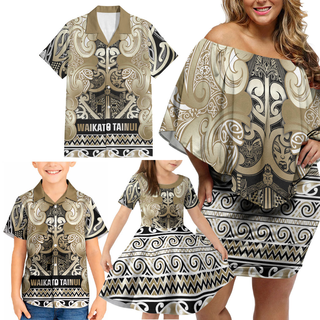 Aotearoa Iwi Waikato Tainui Family Matching Off Shoulder Short Dress and Hawaiian Shirt Maori Wharenui House Tribal Pattern