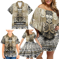 Aotearoa Iwi Waikato Tainui Family Matching Off Shoulder Short Dress and Hawaiian Shirt Maori Wharenui House Tribal Pattern