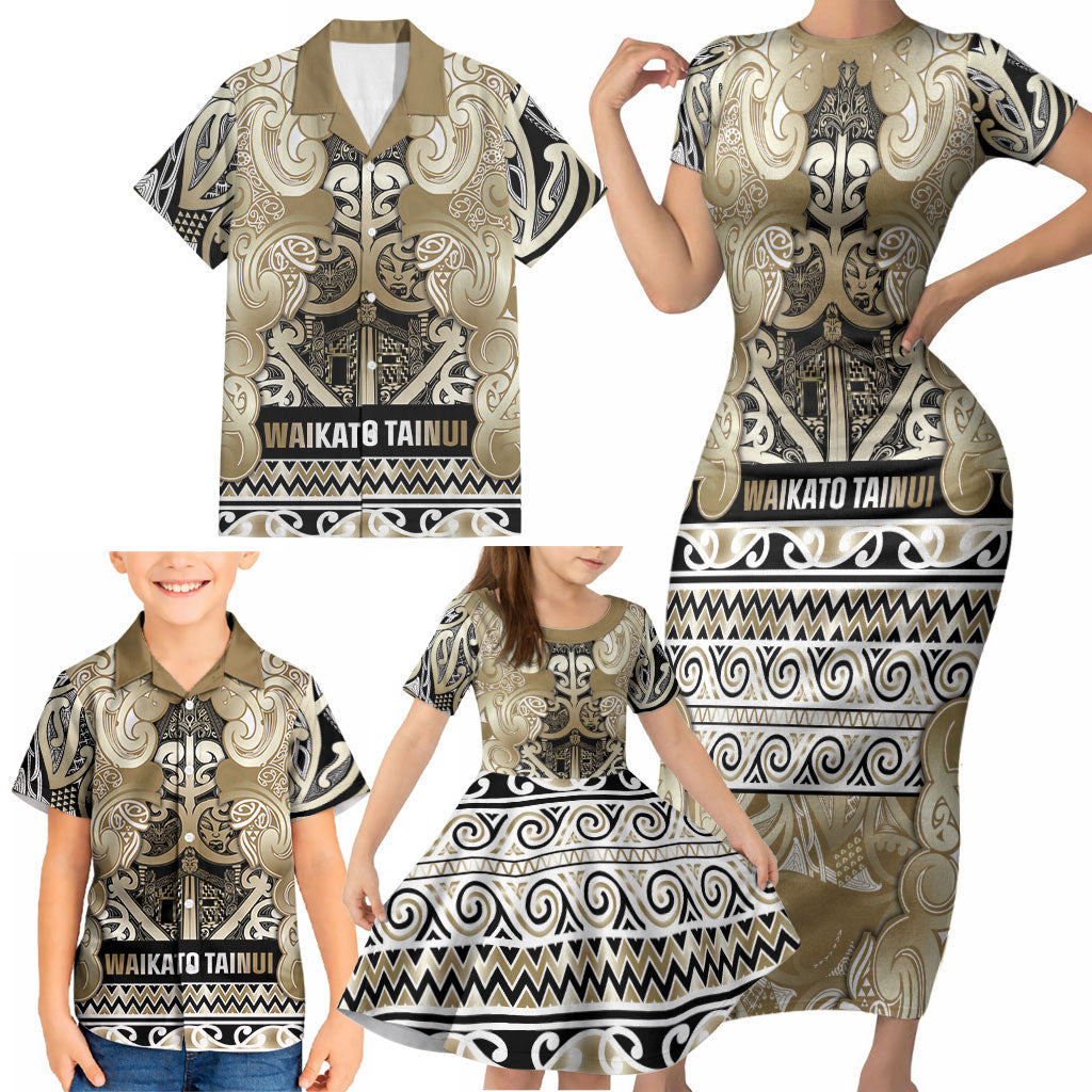 Aotearoa Iwi Waikato Tainui Family Matching Short Sleeve Bodycon Dress and Hawaiian Shirt Maori Wharenui House Tribal Pattern LT9 - Polynesian Pride