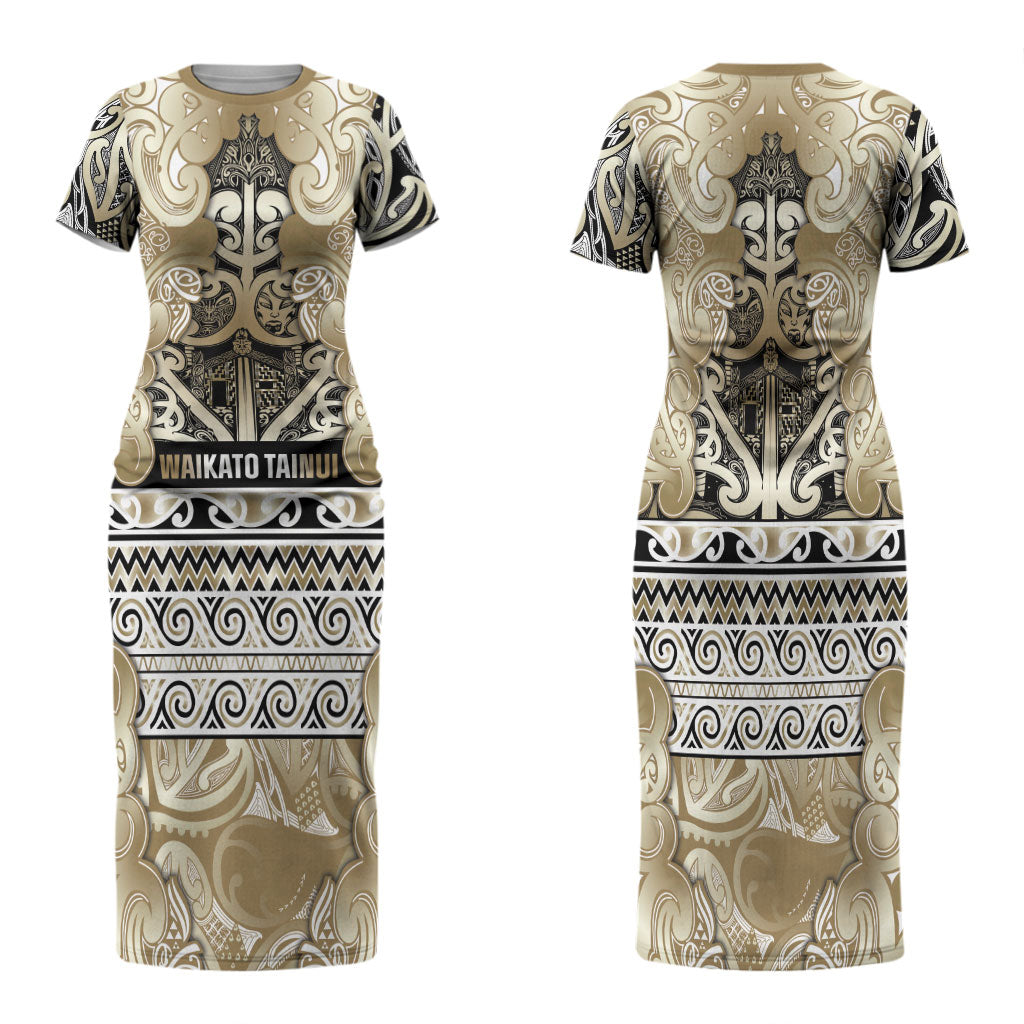 Aotearoa Iwi Waikato Tainui Family Matching Short Sleeve Bodycon Dress and Hawaiian Shirt Maori Wharenui House Tribal Pattern