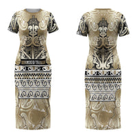 Aotearoa Iwi Waikato Tainui Family Matching Short Sleeve Bodycon Dress and Hawaiian Shirt Maori Wharenui House Tribal Pattern